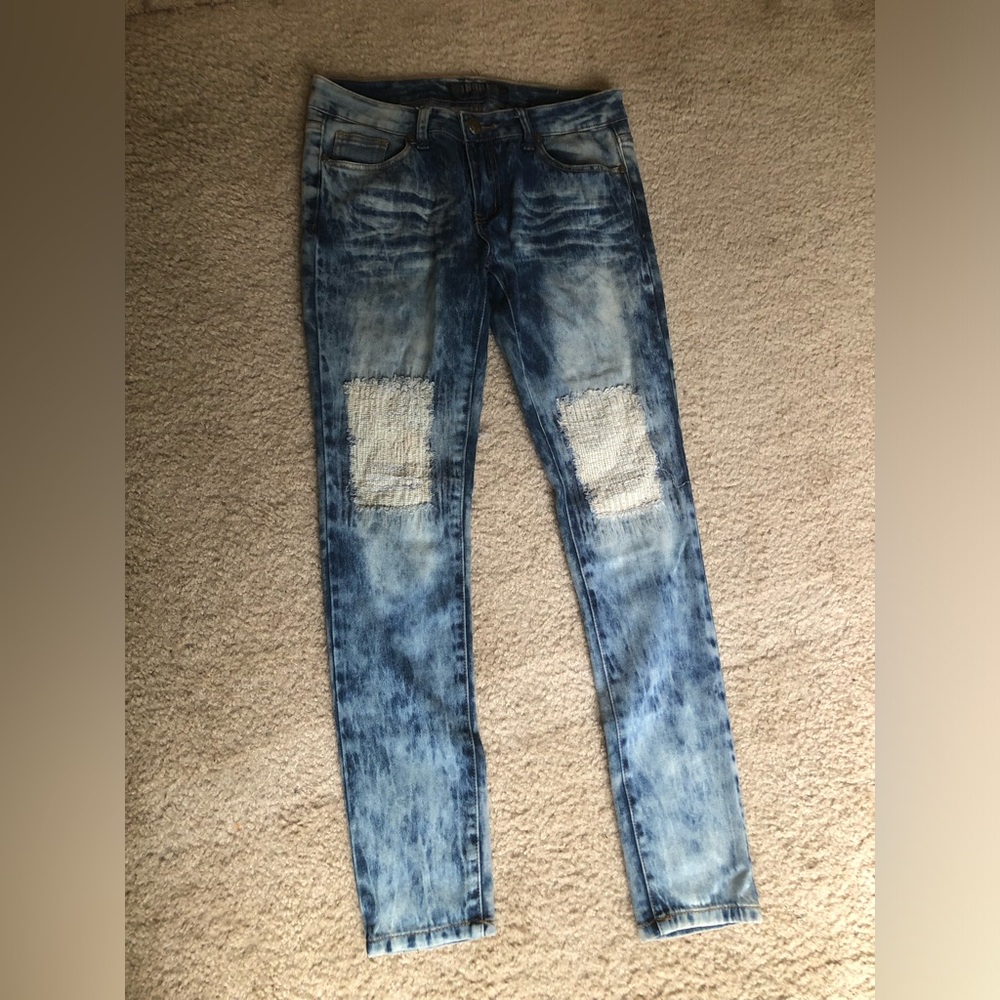 Thrill Jeans Womens 13 Skinny White Patches  Distressed Denim Blue Pants